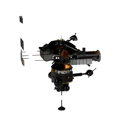 Стилизованная 3D-модель орбитального телескопа погоды, стилизованный изометрический рендер, показывающий солнечные панели, си