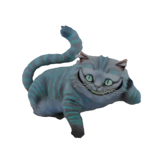 3D модель Чеширского Кота из Алисы в Стране чудес, изображенная в расслабленной позе с широкой, зубастой улыбкой и сине-серым