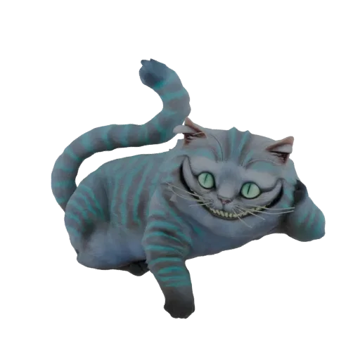 3D модель Чеширского Кота из Алисы в Стране чудес, изображенная в расслабленной позе с широкой, зубастой улыбкой и сине-серым