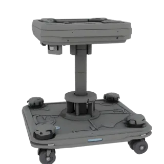 3D модель серой мобильной платформы с регулируемой высотой, квадратной базой и четырьмя колесами, на черном фоне