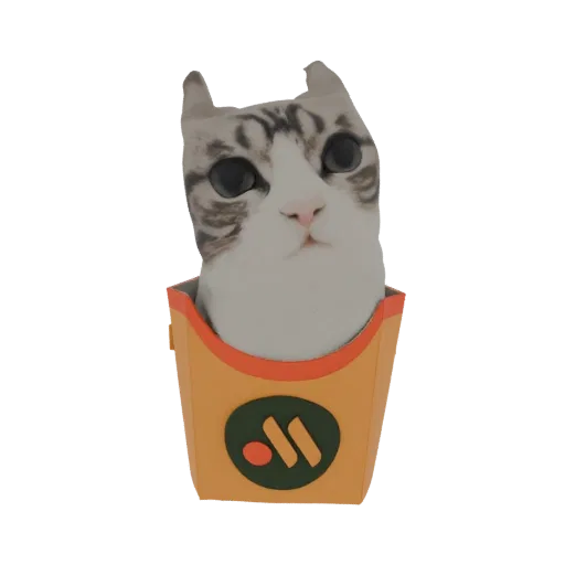 3D модель головы полосатого кота, выглядывающей из оранжевой коробки фастфуда с зелено-оранжевым логотипом.