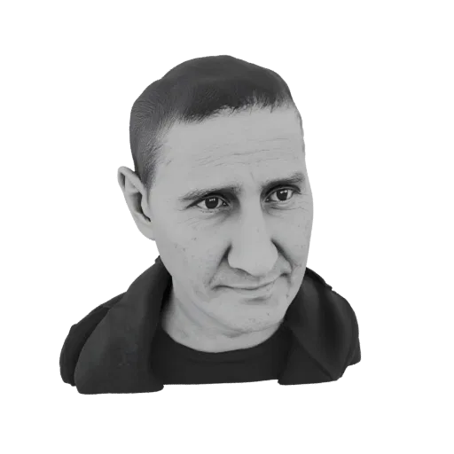 Рендер 3D модели реалистичного бюста мужчины, показывающий черты лица и пиджак.