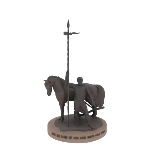 3D-модель воина с копьем, стоящего рядом с лошадью на круглом постаменте с надписью.