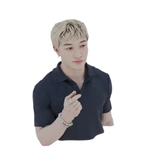 3D-модель K-Pop айдола со светлыми волосами, одетого в темно-синюю рубашку-поло, делающего жест сердцем пальцами.