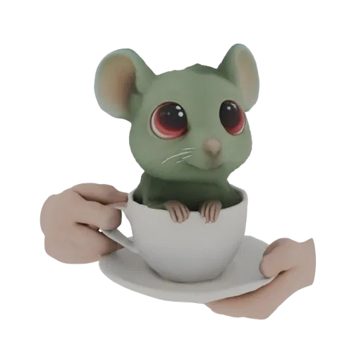 3D модель милого зеленого мышонка с большими красными глазами, выглядывающего из белой чашки, в руках.
