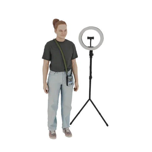 3D модель женщины в повседневной одежде, держащей кольцевую лампу, стоящей рядом с ее штативом.