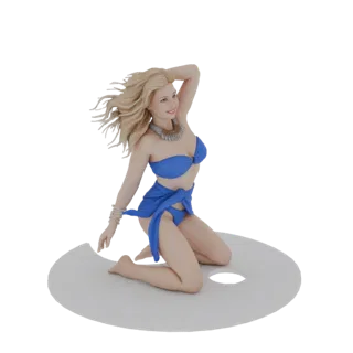 3D модель блондинки в стиле пин-ап, стоящей на коленях в синем бикини, с большим ожерельем и браслетами, рука на голове.