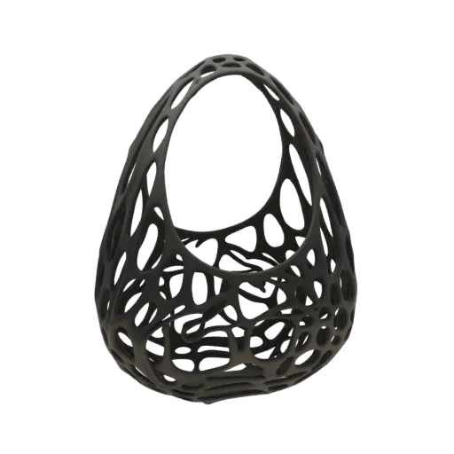 3D рендер темной матовой корзины с органической решеткой, с замысловатым, плавным, взаимосвязанным ажурным дизайном.