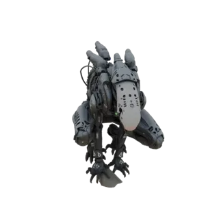 Детализированная 3D модель зловещего кибернетического раптора с металлическими когтями и броней, агрессивно позирующего на бе
