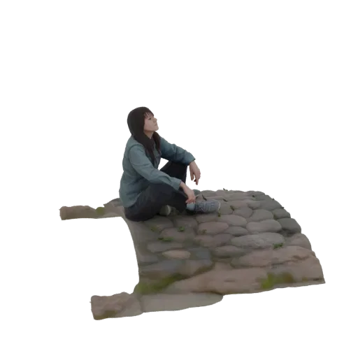 3D модель женщины с темными волосами сидит на корточках на брусчатой дорожке с травой, смотрит вверх.