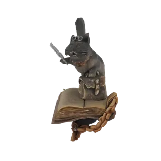 3D модель кота в стиле стимпанк в очках, держащего перо и сидящего на открытой книге.