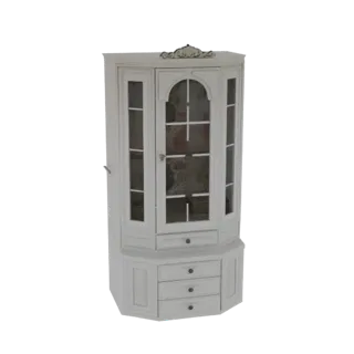 Рендер 3D модели белого углового витринного шкафа со стеклянными дверцами и ящиками на белом фоне.