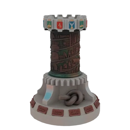 3D модель исторической башни с детальной резьбой сцен труда и геральдическими гербами наверху, на детализированном основании.