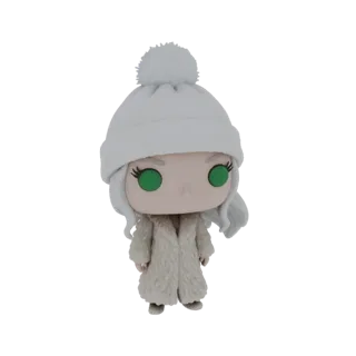 3D-модель фигурки Funko Pop в белой шапке и кремовом меховом пальто с большими зелеными глазами.