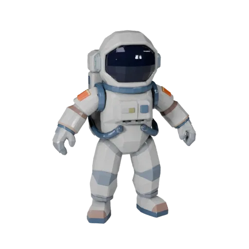 Низкополигональная 3D-модель скафандра, вид в игровом окне три четверти, с светящимися полосами, четкий силуэт объекта.