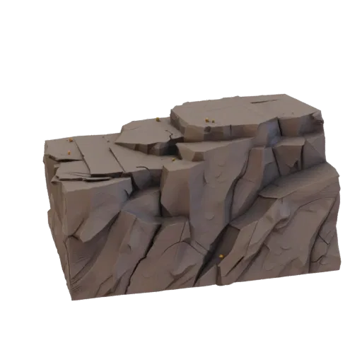 Печатаемая 3D-модель уступа скалы, изометрический рендер STL для настольных игр, показывающий слоистый камень, скальные повер