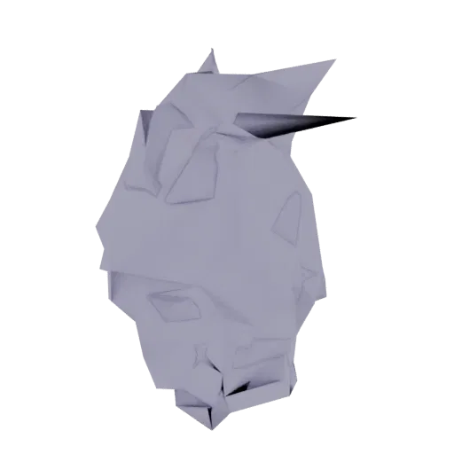 3D рендер абстрактной low-poly скульптуры головы с острыми углами и заостренной деталью на белом фоне.