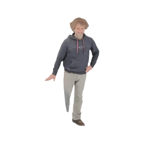 3D модель мужчины в темной толстовке с розовыми акцентами и светло-бежевых джинсах, стоящего с рукой на бедре.