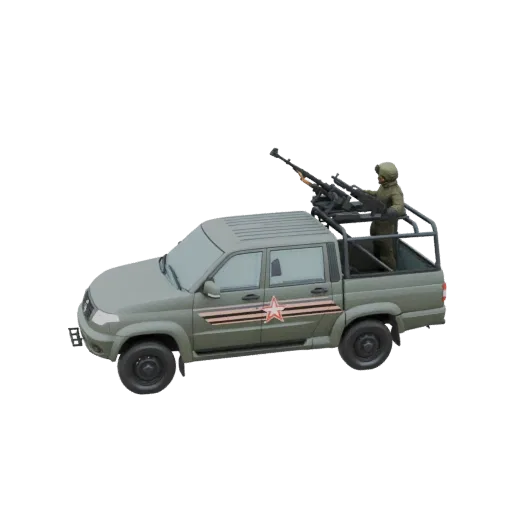 3D модель военного пикапа оливкового цвета с солдатом, управляющим установленным пулеметом в кузове.