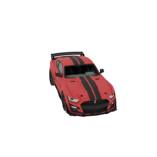 3D модель красного Ford Mustang Shelby GT500 с черными гоночными полосами, вид сверху.