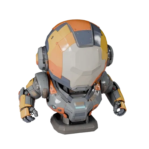 Стилизованная 3D-модель бюста научно-фантастического робота, показывающая лицевые плоскости, вид в три четверти, силуэт и дет