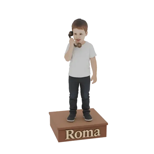 3D модель мальчика в белой футболке и темных джинсах, держащего винтажный дисковый телефон у уха, стоящего на подставке с над