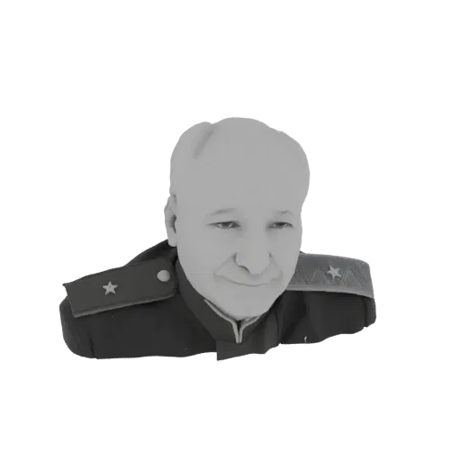 3D модель бюста советского военачальника в форме с эполетами и звездами, отображенная в оттенках серого.