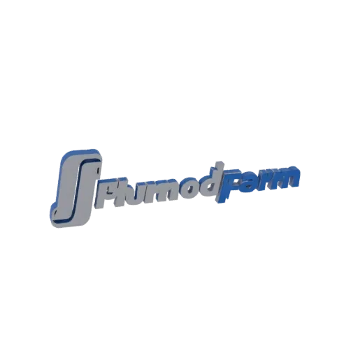 3D модель логотипа Flumodfarm, металлическо-серая стилизованная 'S' рядом с синим объемным текстом.
