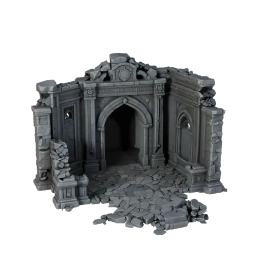 Фэнтезийный вход в подземелье, 3D-модель для Unreal Engine, вид сверху, показывающий старый камень, остатки построек.