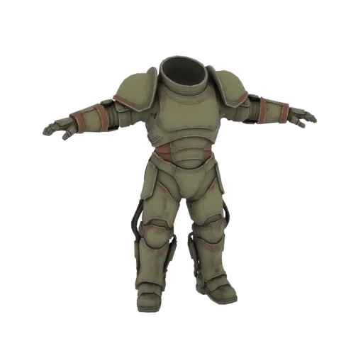 3D модель поношенной военной силовой брони, с зеленой броней и коричневыми акцентами, с видимыми боевыми повреждениями.