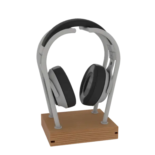 3D-модель современной подставки для наушников с серым каркасом и натуральным деревянным основанием, демонстрирующая минималис