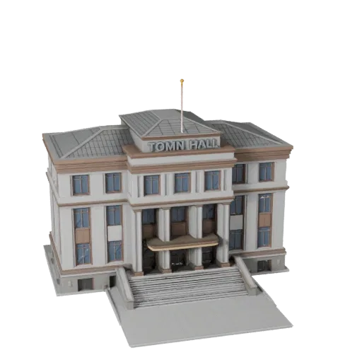 3D модель Ратуши, готовая к использованию в Blender, вид рендера студии Blender, показывающий материалы общественного здания