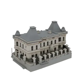 3D-модель богато украшенного европейского особняка с серой мансардной крышей и детализированным белым фасадом на белом фоне.