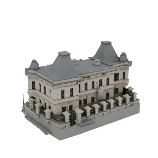 3D-модель богато украшенного европейского особняка с серой мансардной крышей и детализированным белым фасадом на белом фоне.
