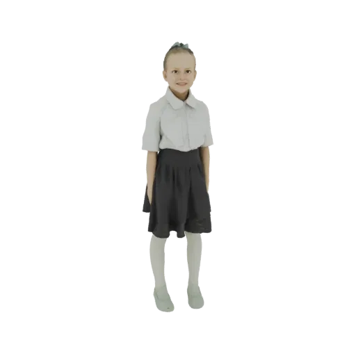 3D модель юной школьницы в белой рубашке и темной юбке, с волосами, собранными в синий бант.