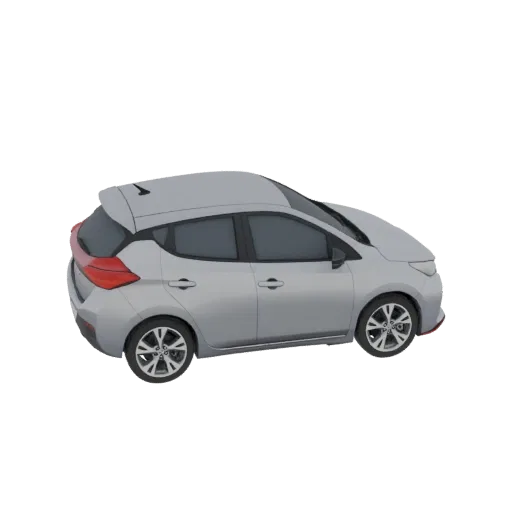 3D модель серебристого Nissan Leaf Nismo 2018-2026 с красными акцентами, вид сбоку.