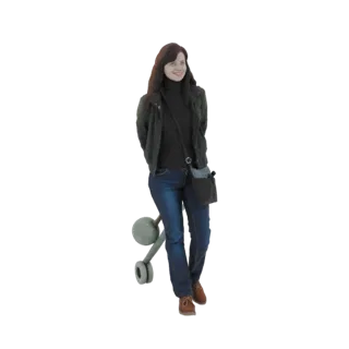 3D модель женщины с длинными каштановыми волосами, в черной куртке и синих джинсах, сидящей на сером стуле.