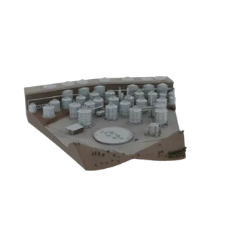 3D модель промышленного резервуарного парка с множеством цилиндрических резервуаров на детализированном основании.