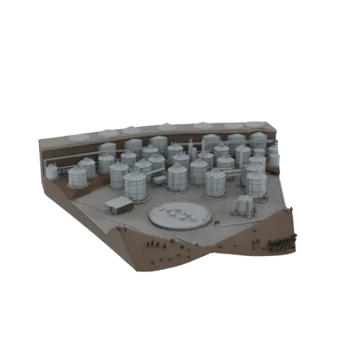 3D модель промышленного резервуарного парка с множеством цилиндрических резервуаров на детализированном основании.