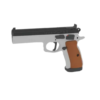 3D рендер пистолета CZ 75 L с белой рамкой, черным затвором и коричневыми накладками на рукоятку, представленный на белом фон