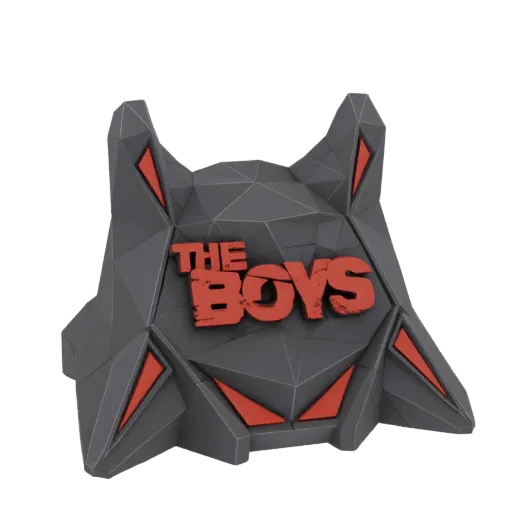 3D-рендер геометрической скульптуры с логотипом "The Boys", с темно-серыми гранями и красными треугольными акцентами.