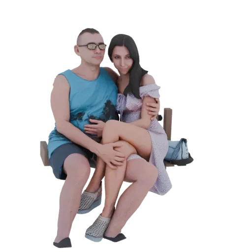 3D модель мужчины и женщины, сидящих близко на деревянной скамейке, мужчина обнимает женщину.