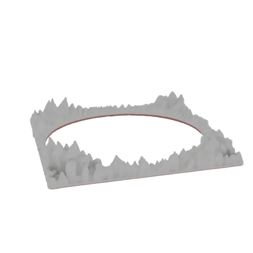 3D рендер квадратного основания ландшафта с зубчатыми, скалистыми краями, окружающими центральное круглое отверстие, в светло