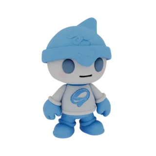 3D модель синего талисмана в шапке-ушанке и футболке с логотипом, стоящего на белом фоне
