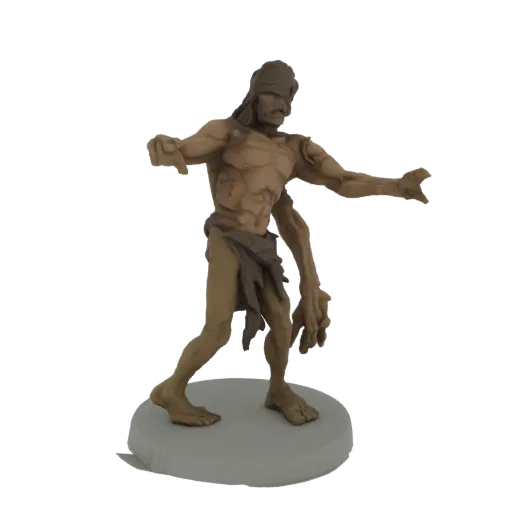 3D модель худого, нежити воина с рваным набедренником, стоящего в агрессивной позе на сером основании.