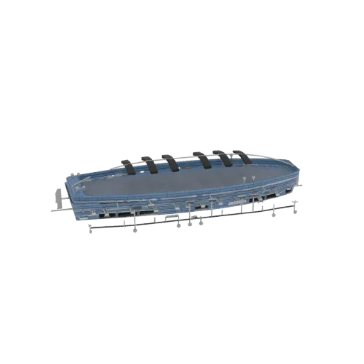 3D модель синей зоны трибун стадиона с окружающей дорожкой, вид под небольшим углом сверху.