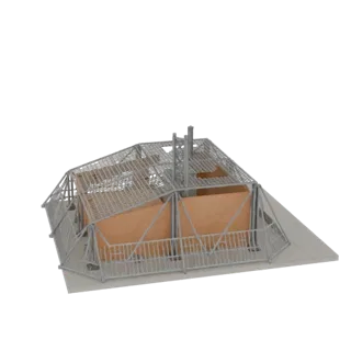 3D модель промышленного здания с открытыми кирпичными стенами и металлической решетчатой крышей на черном фоне.