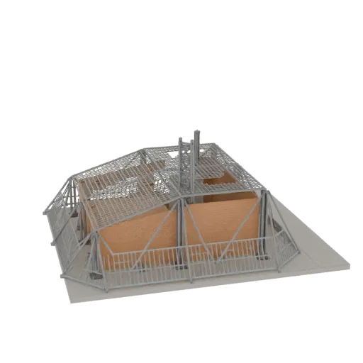 3D модель промышленного здания с открытыми кирпичными стенами и металлической решетчатой крышей на черном фоне.