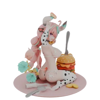 3D модель аниме девушки-коровки с розовыми волосами и чулками в коровью расцветку, позирующей с гигантским бургером на розово