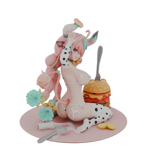 3D модель аниме девушки-коровки с розовыми волосами и чулками в коровью расцветку, позирующей с гигантским бургером на розово